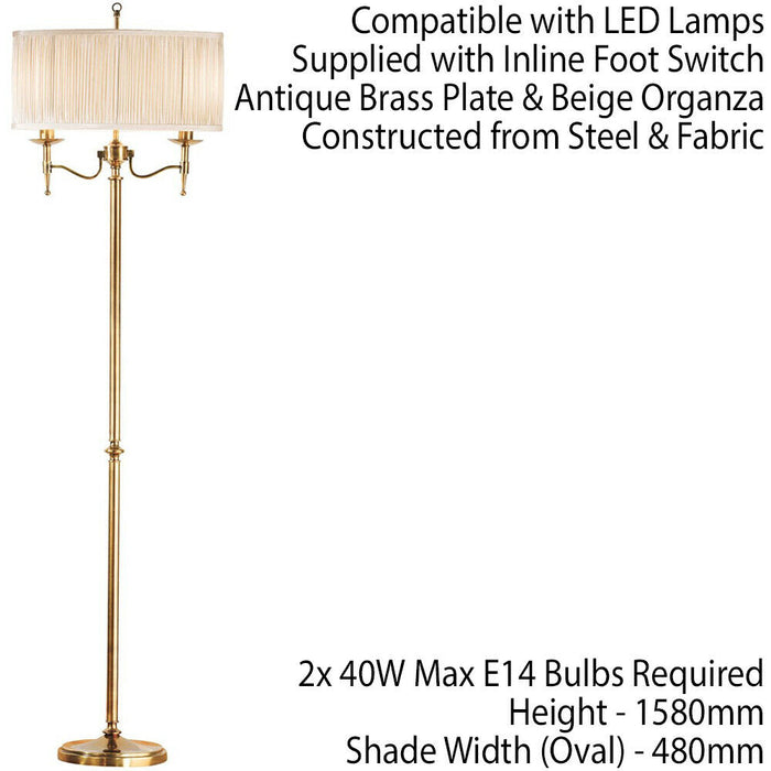Luxury Classic Twin Arm Feature Floor Lamp Antique Brass & Beige Organza Shade Loops