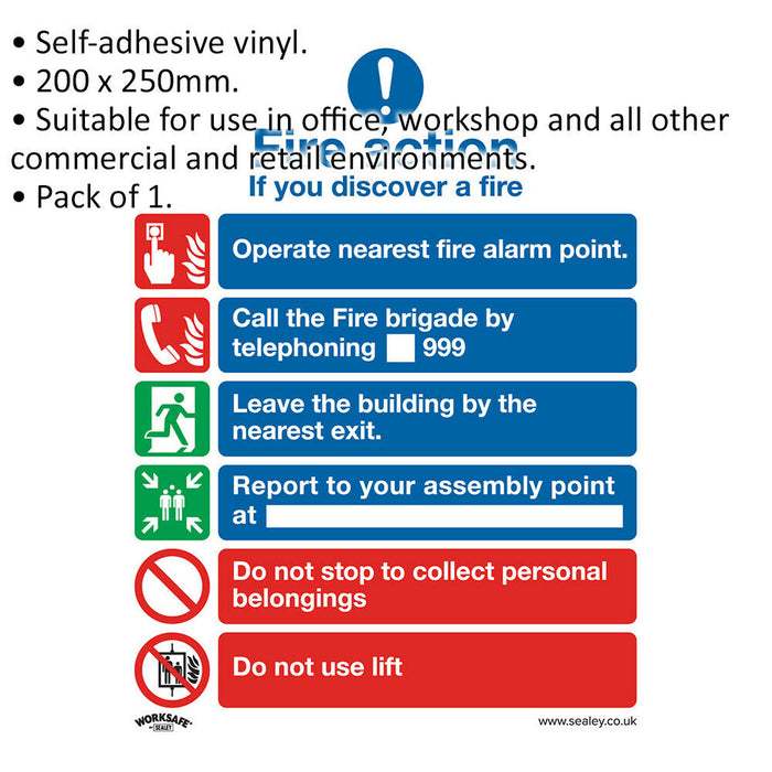 1x FIRE ACTION & LIFT Health & Safety Sign - Self Adhesive 200 x 250mm Sticker Loops