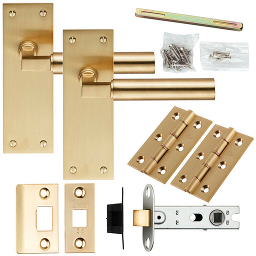 Door Handle & Latch Pack Satin Brass Straight Round Bar Lever Slim Backplate Loops