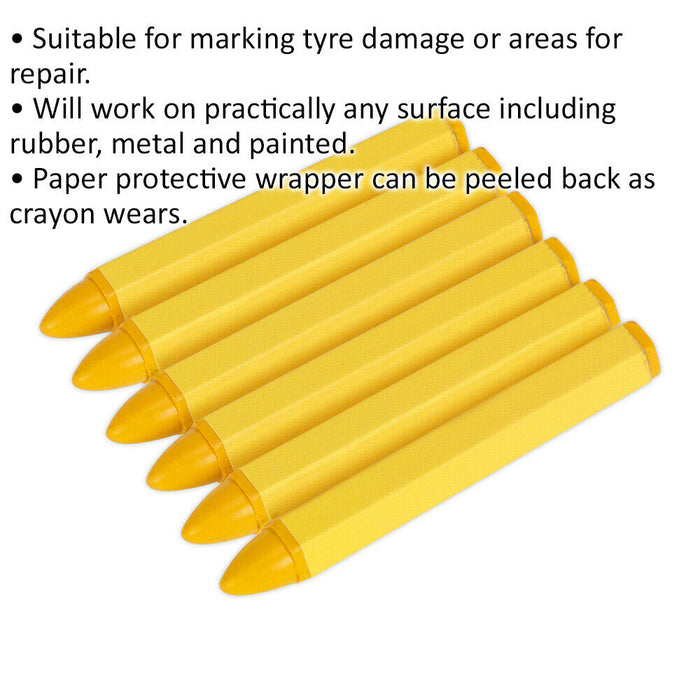 6 PACK - Tyre Marking Crayons - YELLOW - Rubber & Alloy Wheel Damage Pen Set Loops