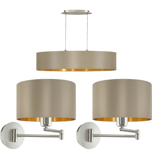 Linear Ceiling Pendant & 2x Matching Wall Lights Taupe Gold Dining Feature Lamp Loops