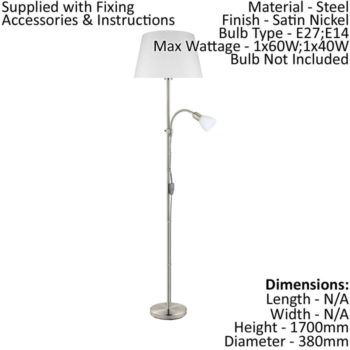 Floor Lamp Light Satin Nickel Shade White Fabric Glass Bulb E27&E14 1x60W/1x40W Loops