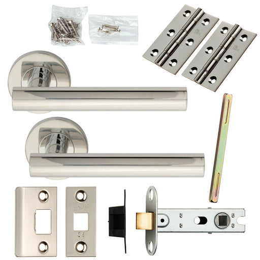 Door Handle & Latch Pack Polished Steel Round T Bar Lever Screwless Rose Loops