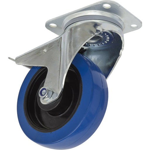 160mm Swivel Plate Castor Wheel - 46mm Tread Polymer & Elastic Total Lock Brakes Loops