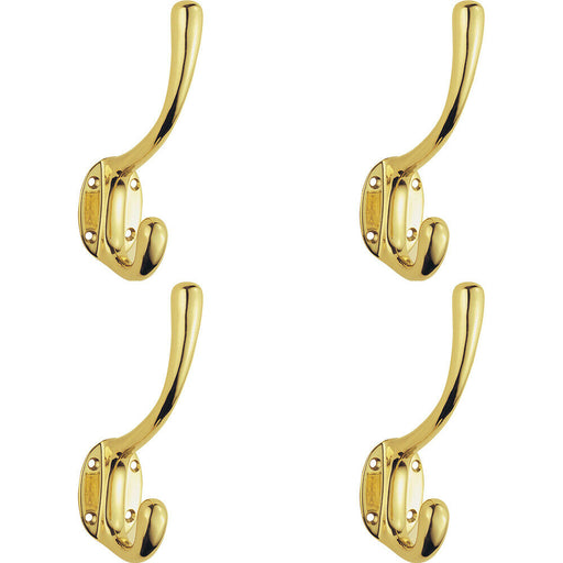 4x Heavyweight One Piece Hat & Coat Hook 76mm Projection Polished Brass Loops