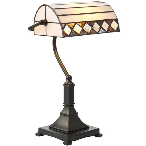 Tiffany Glass Table Lamp Bankers Desk Light Dark Bronze & Cream Shade i00200 Loops