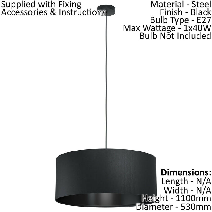 Pendant Ceiling Light Colour Black Shade Large Round Black Fabric Bulb E27 1x40W Loops