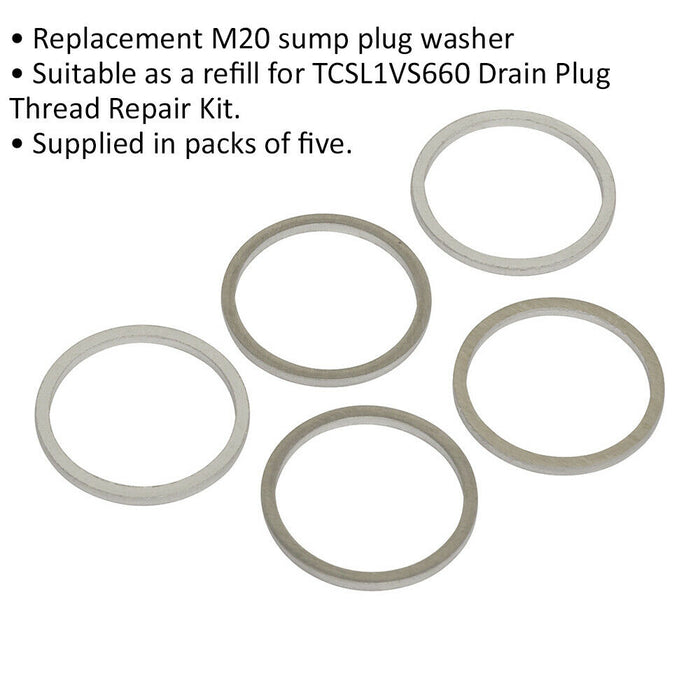 5 PK Replacement M20 Sump Plug Washer - Refill for ys11054 Thread Repair Kit Loops