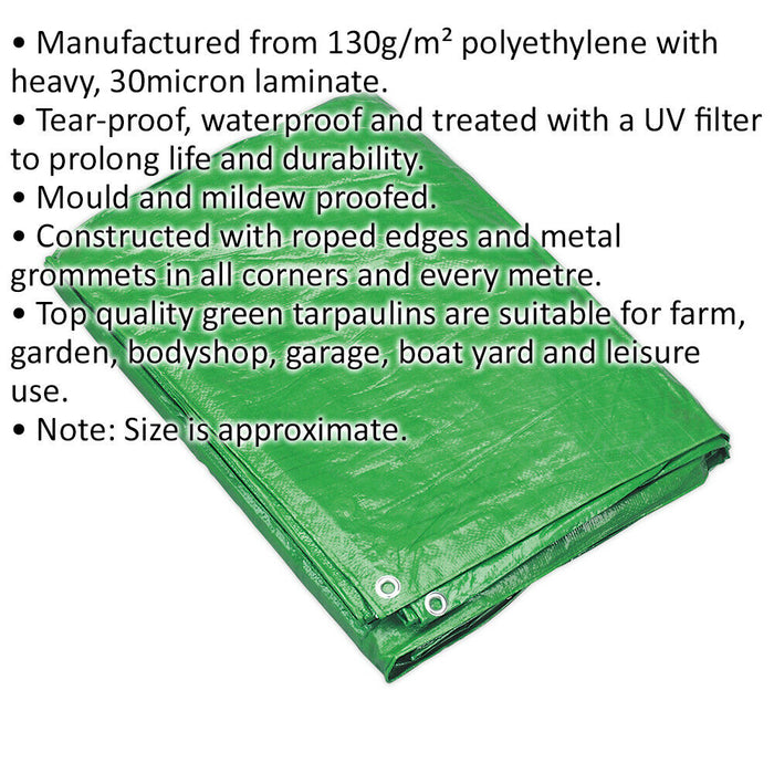 3.66m x 4.88mm Green Tarpaulin - Mould and Mildew Proof - Waterproof Cover Sheet Loops