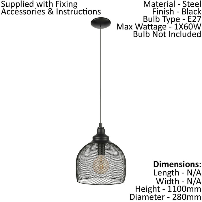 Hanging Ceiling Pendant Light Black Wire Mesh Shade 1 x 60W E27 Feature Lamp Loops