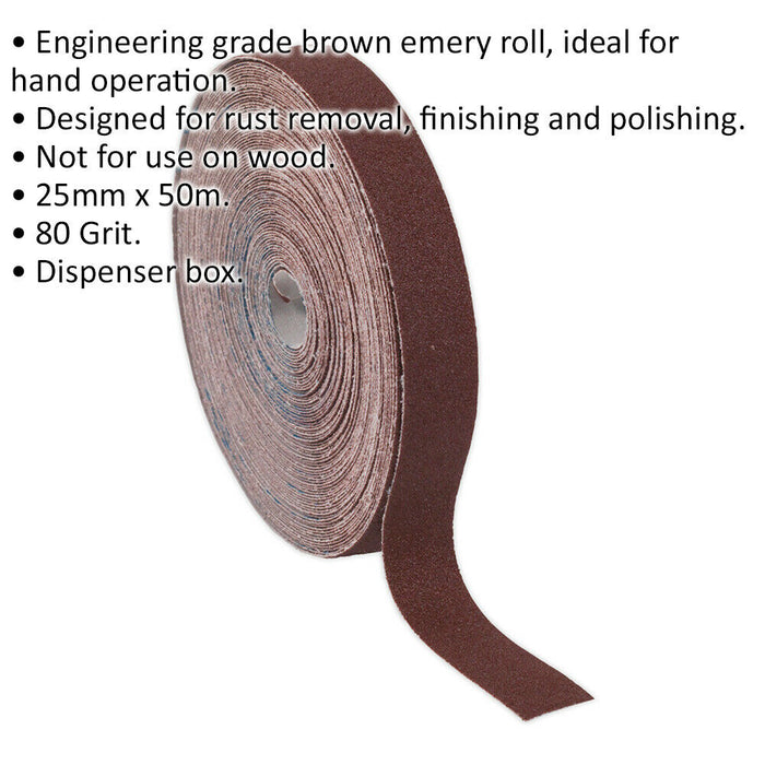 Engineers Brown Emery Roll - 25mm x 50m - Rust Removal & Polishing - 80 Grit Loops