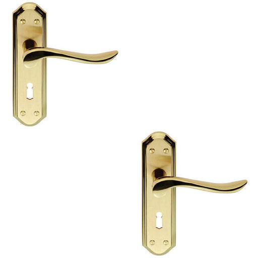 2x PAIR Curved Lever on Sculpted Edge Backplate 180 x 48mm Satin/Polished Brass Loops