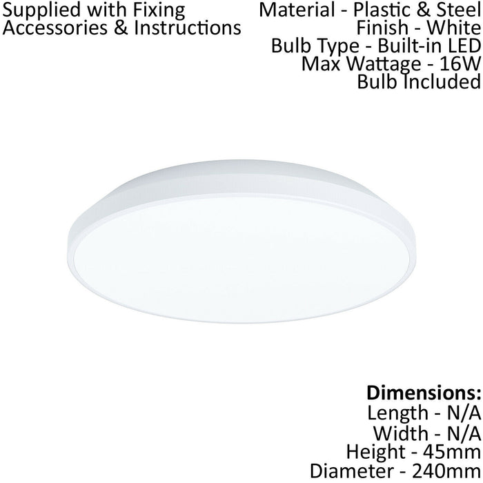 Wall / Ceiling Light White Round Surface Moutned 240mm 16W Built in LED Loops