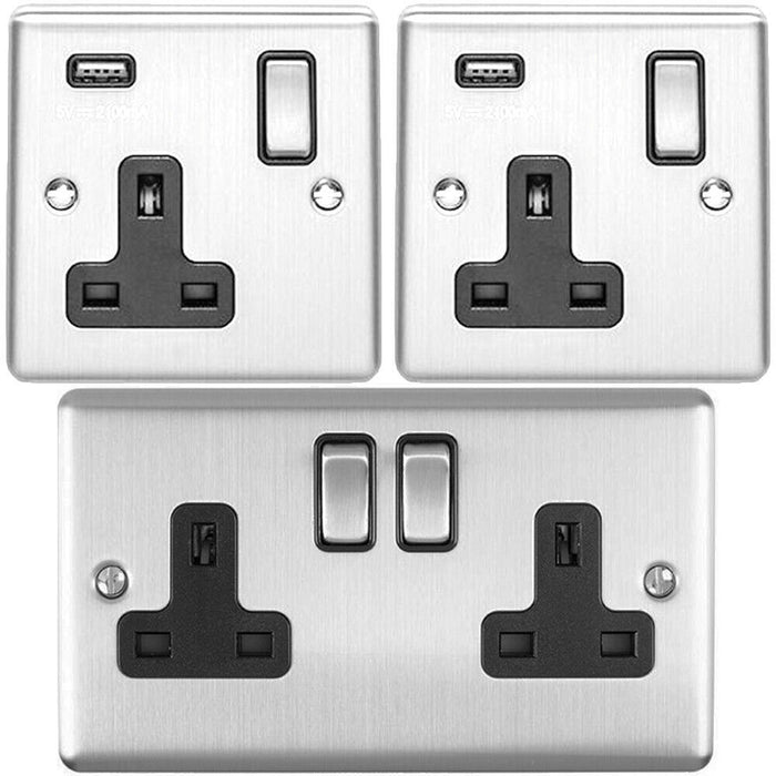 Bedside Plug Socket Pack-2x Single / USB & 1x Twin Gang-SATIN STEEL / Black 13A Loops