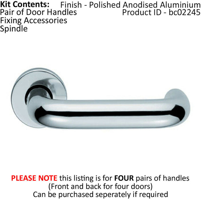 4x PAIR 22mm Round Bar Safety Lever Concealed Fix Round Rose Polished Aluminium Loops