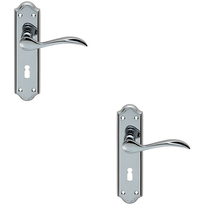 2x PAIR Curved Door Handle Lever on Lock Backplate 180 x 45mm Polished Chrome Loops