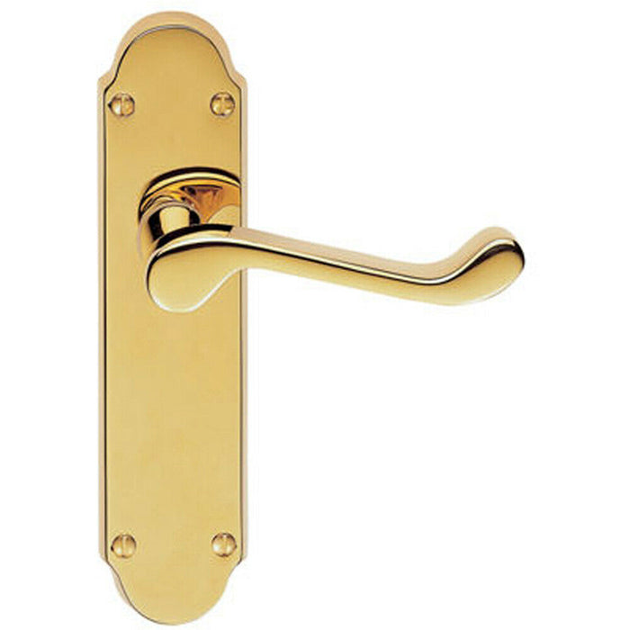 Door Handle & Latch Pack Brass Modern Upturned Curved Slim Ornate Backplate Loops