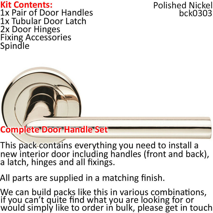 Door Handle & Latch Pack Polished Nickel Straight Slim Lever Screwless Rose Loops