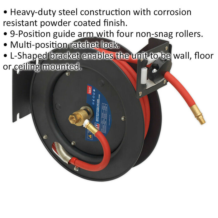 8m Retractable Air Hose - Steel Reel - 3/8" BSP Inlet - 10mm Rubber Hose Loops