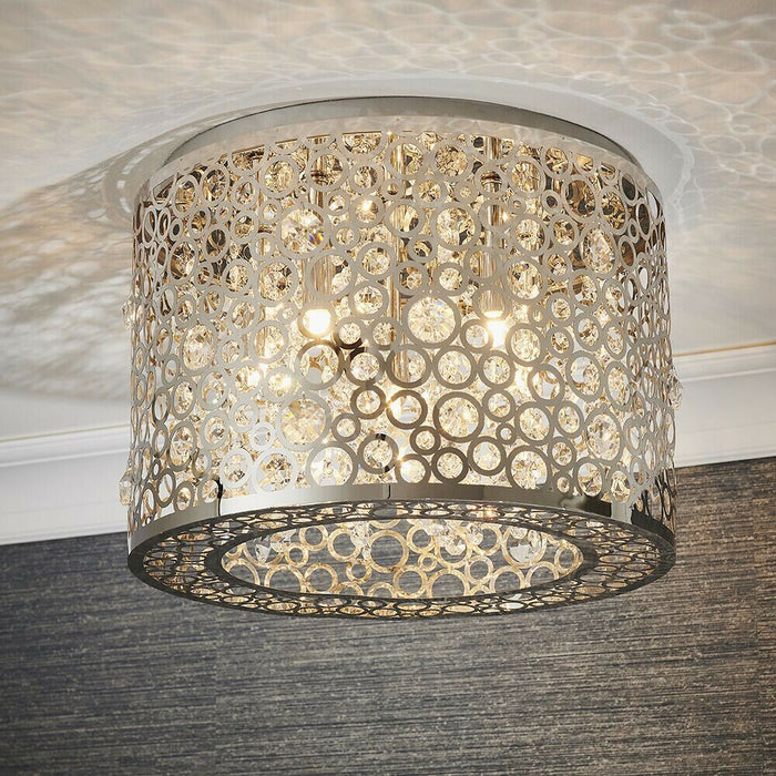 Flush Ceiling Mount Light Chrome & K5 Crystal Gorgeous Round Modern Lamp Shade Loops