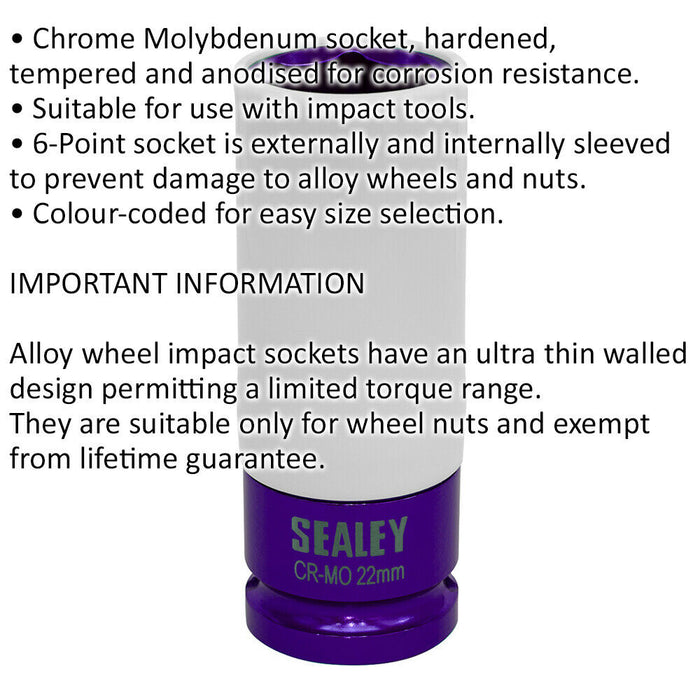 22mm Alloy Wheel Impact Socket - 1/2" Square Drive - Rim Protect Sleeved Socket Loops