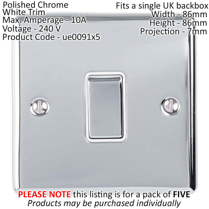 5 PACK 1 Gang Single Metal Light Switch POLISHED CHROME 2 Way 10A White Trim Loops
