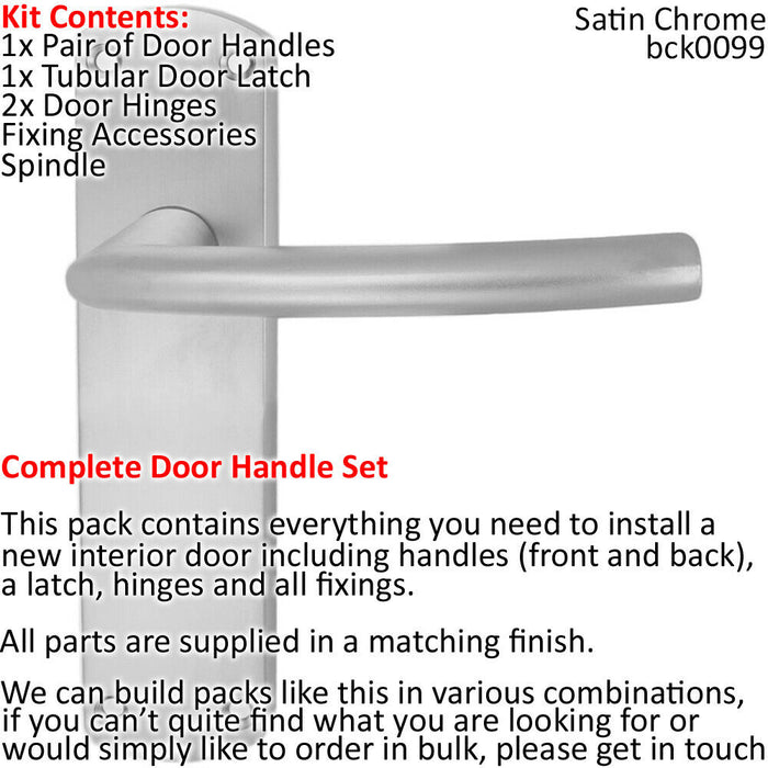Door Handle & Latch Pack Satin Chrome Modern Curved Round Bar on Backplate Loops