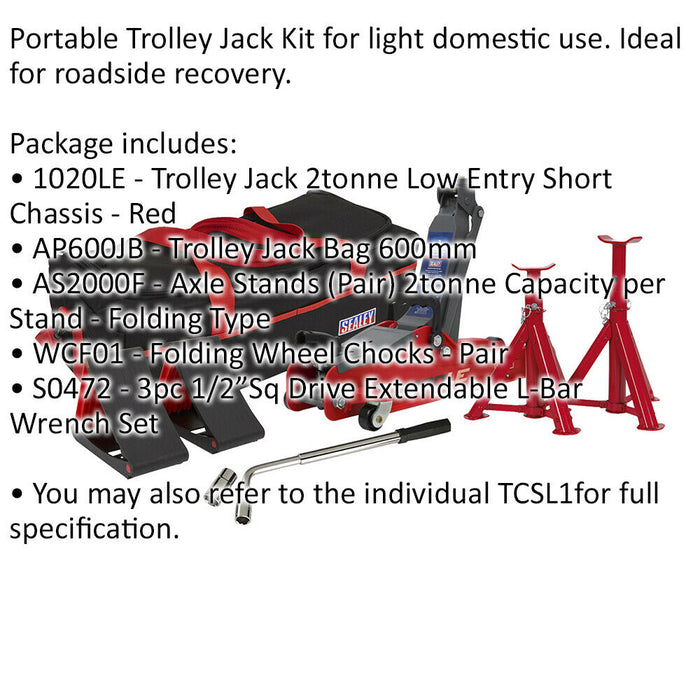 Short Chassis Trolley Jack Kit - Axle Stands & Wheel Chocks - Wrench Set - Red Loops