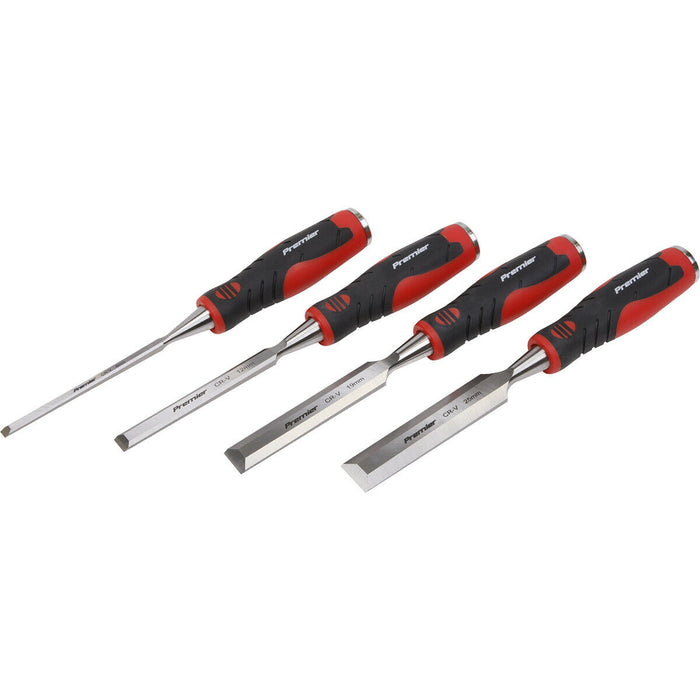 4 Piece Hammer-Thru Wood Chisel Set - Bevel Edged Blades - Storage Pouch Loops