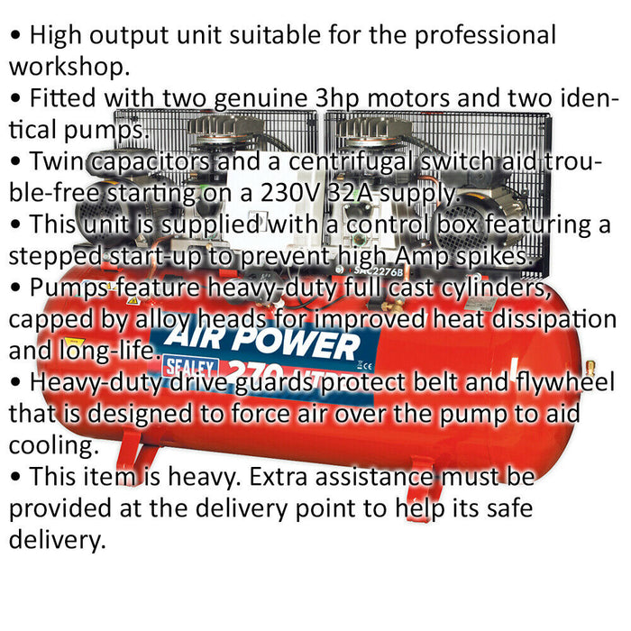 270 Litre Belt Drive Air Compressor - Dual 3hp Motors & Pumps - Single Phase Loops