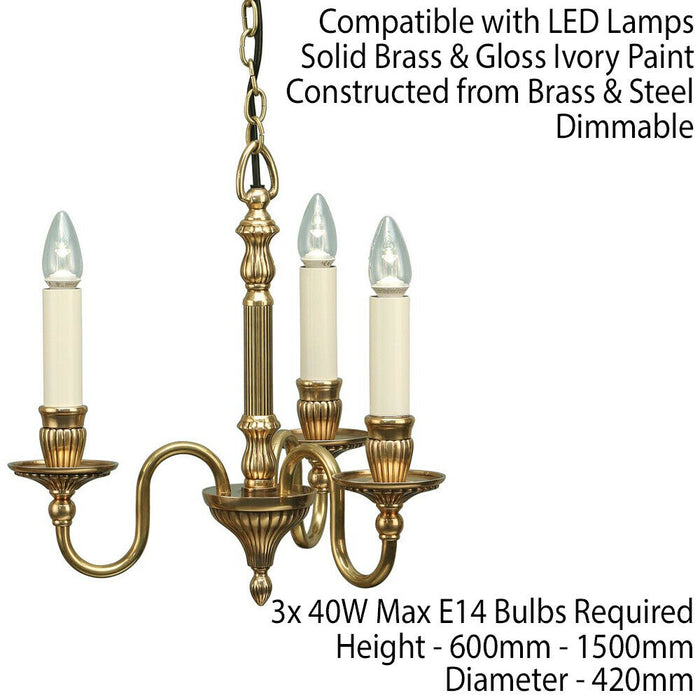 Opulent Hanging Ceiling Pendant Light Solid Brass Gloss Ivory 3 Lamp Chandelier Loops