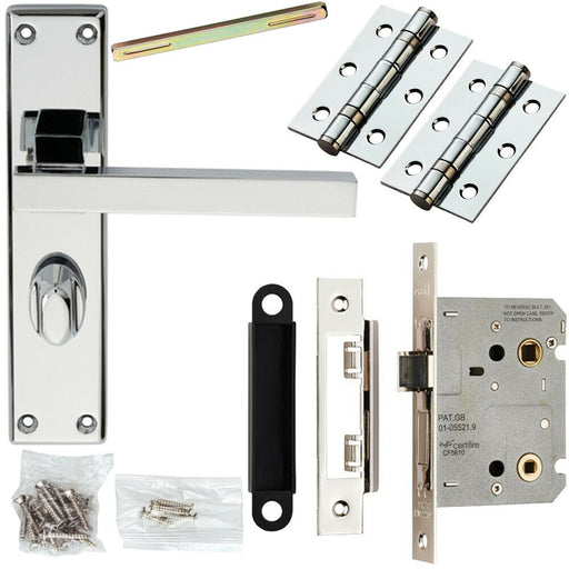Door Handle & Bathroom Lock Pack Chrome Straight Square Thumb Turn Backplate Loops
