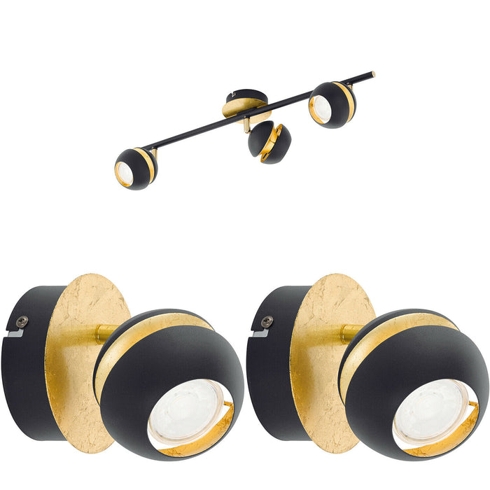 Ceiling Spot Light & 2x Matching Wall Lights Black & Gold Adjustable Shade Loops