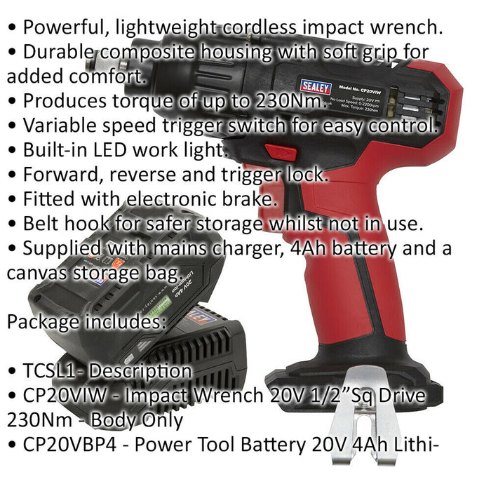 20V Cordless Impact Wrench Kit - 1/2" Sq Drive - With Battery & Charger - Bag Loops