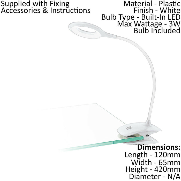 Clamp Light Colour White Plastic Touch On/Off Dimmable Bulb LED 3W Included Loops
