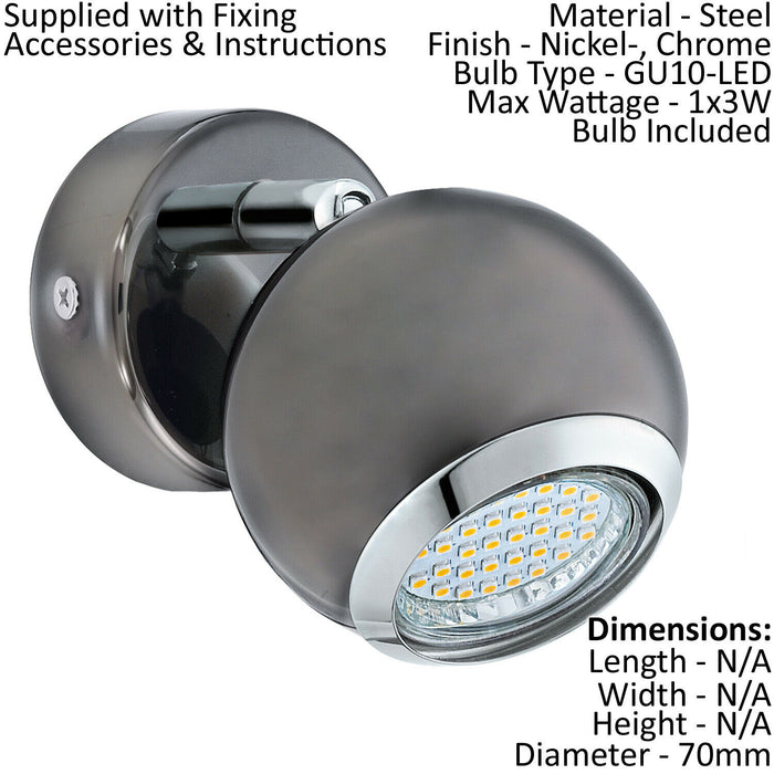 Wall Spot Light Round Colour Nickel Chrome Shade Bulb GU10 1x3W Included Loops