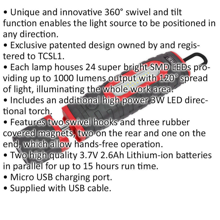 360° Swivel Inspection Light - 24 SMD & 3W SMD LED - Rechargeable - Red Loops