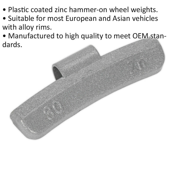 100 PACK 30g Hammer On Wheel Weights - Plastic Coated Zinc Alloy - Wheel Balance Loops