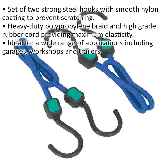 2 Piece 460mm Bungee Cord Set - Nylon Coated Steel Hooks - 1100mm Stretch Loops