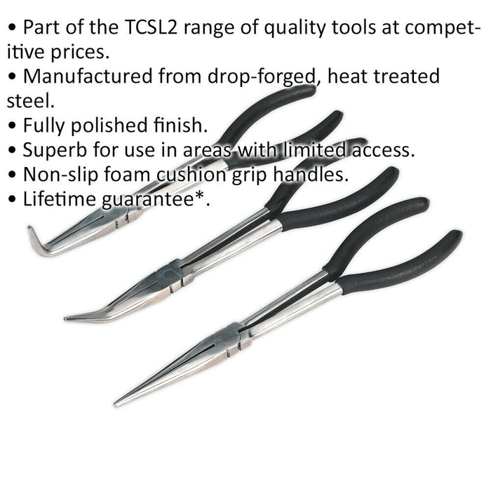 3 Piece 275mm Needle Nose Pliers - Drop Forged Steel - Straight & Angled Nose Loops