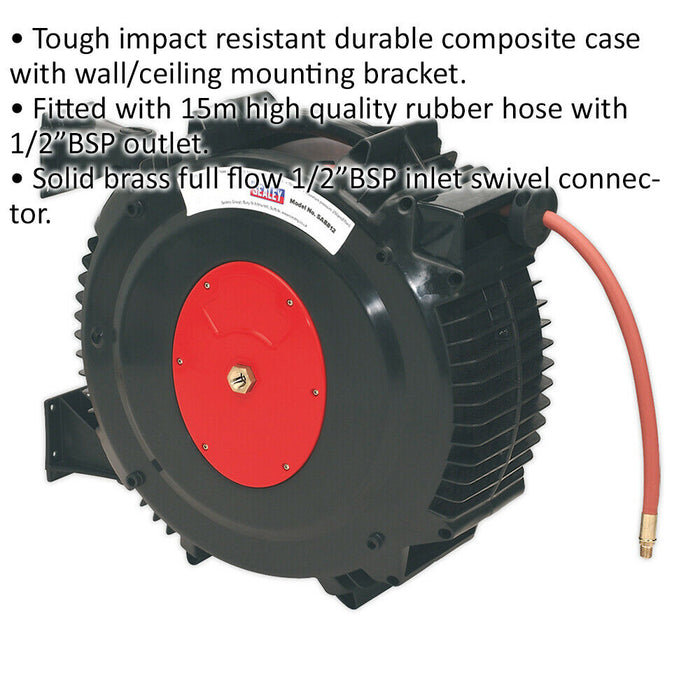 15m Retractable 10mm Air Hose - Impact Resistant Reel - 3/8" BSP Inlet - Rubber Loops