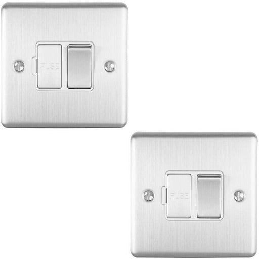 2 PACK 13A DP Switched Fuse Spur SATIN STEEL & White Mains Isolation Wall Plate Loops