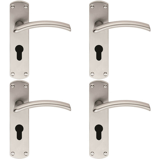 4x Arched Lever on Euro Lock Backplate Door Handle 170 x 42mm Satin Chrome Loops