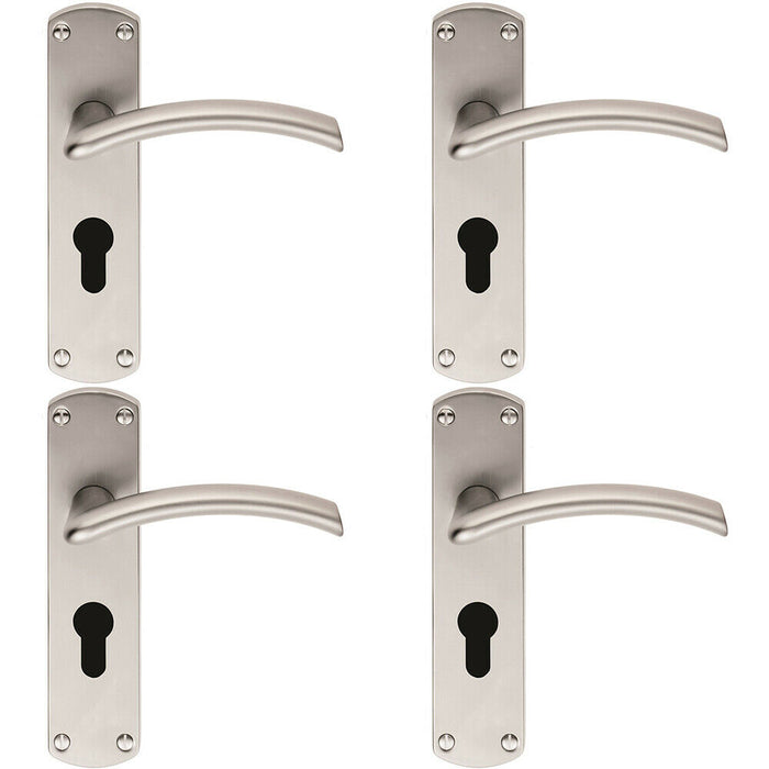 4x Arched Lever on Euro Lock Backplate Door Handle 170 x 42mm Satin Chrome Loops