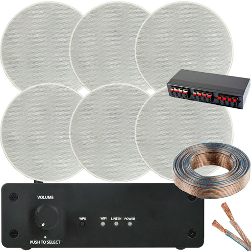 Wi Fi Ceiling Speaker Kit 3 Zone Stereo Amp 6x 70W Low Profile Background Music
