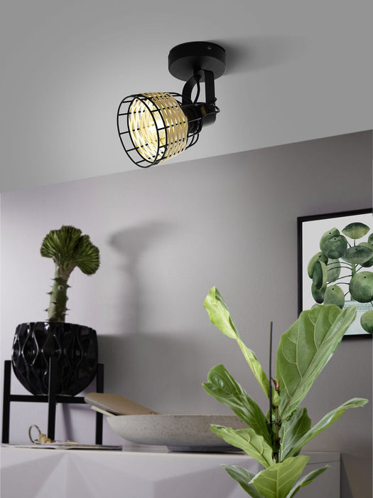 Wall / Ceiling Light Black & Wicker Adjustable Spotlight 1 x 40W E27 Bulb Loops