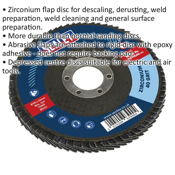 115mm Zirconium Flap Disc - 22mm Bore - Depressed Centre Disc - 40 Grit Loops
