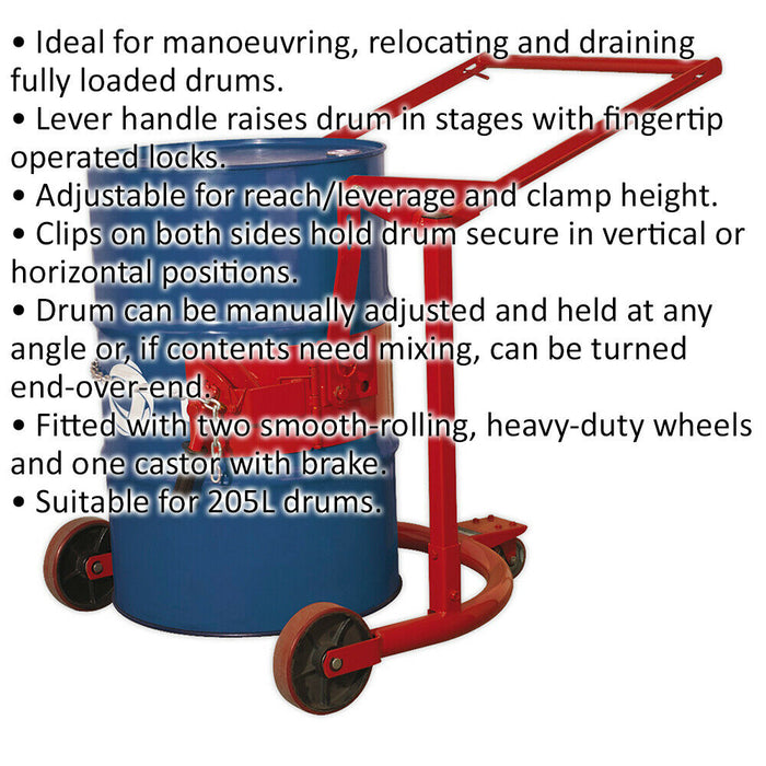 Mobile 205L Drum Handler Truck - Braked Castor - Manually Adjustable Trolley Loops