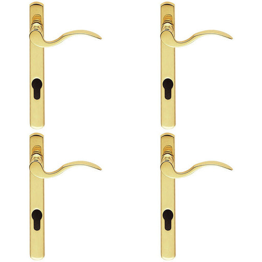 4x Scroll Lever Door Handle on Lock Backplate Polished Brass 208mm X 25mm Loops