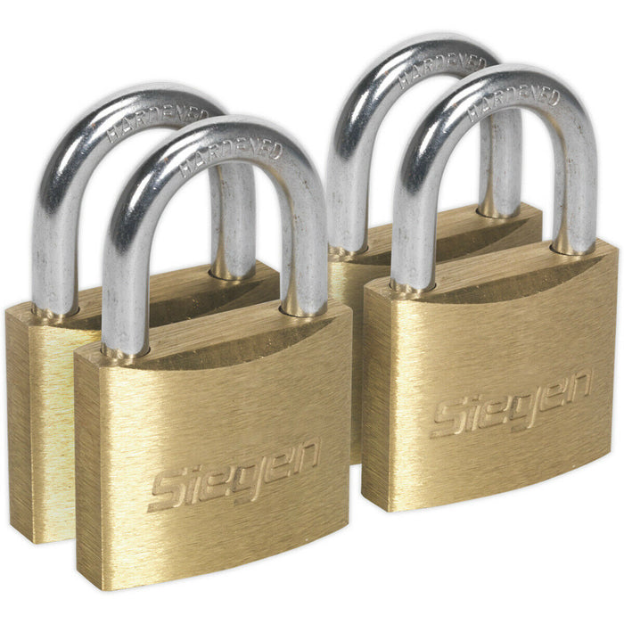 4 PACK 40mm Brass Padlock 6.5mm Hardened Steel Shackle - 2 Keys (alike) Security Loops